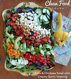 Feta Chickpea Salad with Creamy Garlic Dressing Recipe Sauces, Salads, Salad Dressing, Ideas, Salad Dressings, Chickpea Salad, Salad