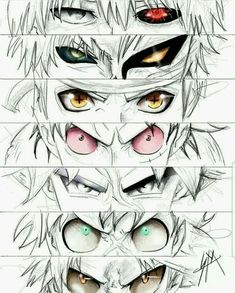 an anime character's eyes are shown in this drawing style, with different colors and shapes