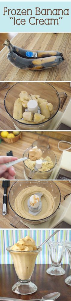 Frozen Banana "Ice Cream" ~ Blend frozen bananas and peanut butter in the food processor and it tastes just like soft serve ice cream!  So good and GUILT FREE! Frozen Desserts, Sorbet, Toast, Ice Cream Recipes, Home Made Ice Cream