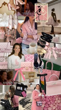 the collage shows many different types of pink and white items, including shoes, bags,