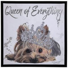 a dog with a tiara on it's head and the words queen of everything
