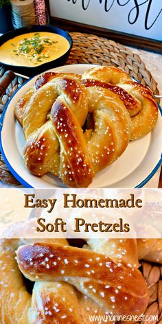 homemade soft pretzels on a plate with the words easy homemade soft pretzels