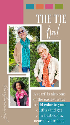 A scarf is one of the easiest ways to add color to your outfit. Leopard print scarves. Scarves by seasonal color palettes. Color Trends, Color, Analogous Outfit, Cool Color Palette, One Color Outfit, Color Feel
