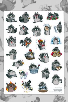 a bunch of stickers with different types of animals on them, including raccoons