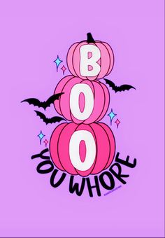 a purple background with the words boooo on it and two pumpkins stacked on top of each other