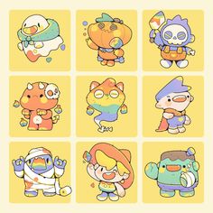 cartoon character stickers on yellow background