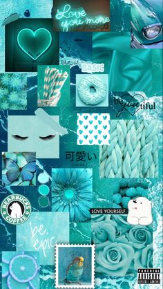 a collage of blue and green images with the words love you more written on them