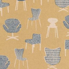 a blue and white chair pattern on a tan background with chairs in different shapes, sizes and colors