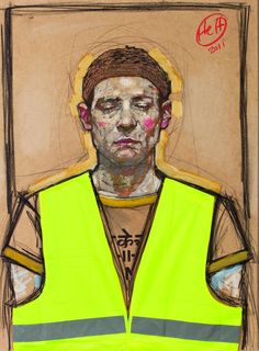 a drawing of a man wearing a yellow vest