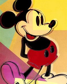a mickey mouse painting on the wall in front of a yellow and pink background with black dots
