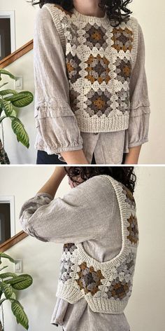 two pictures of a woman wearing a sweater with flowers on it and the same photo of her