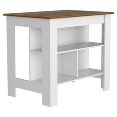 a white and wood table with shelves on the bottom shelf, in front of a white background