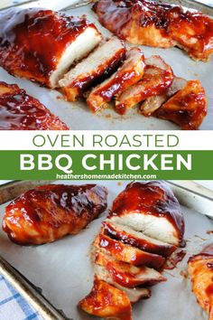 oven roasted bbq chicken on a baking sheet with barbecue sauce in the background and text overlay that reads oven roasted bbq chicken