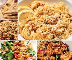 four different pictures of food including pasta, meat and vegetables