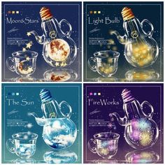 four different posters with glass teapots and stars in them