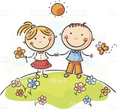 a boy and girl are standing on the grass with flowers in their hands, holding hands