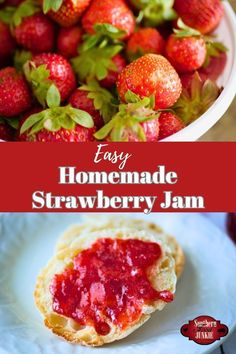 homemade strawberry jam in a bowl and on a plate