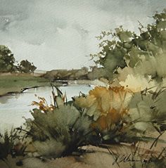 watercolor painting of trees and bushes by the river