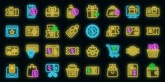 neon colored icons are displayed on a black background