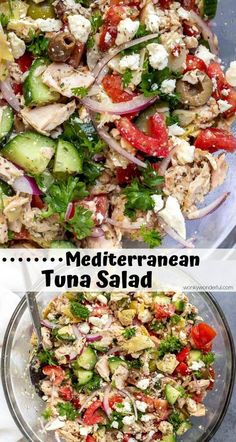 two pictures with different types of salads in them and the words mediterranean tuna salad