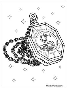 a coloring book page with an image of a pocket watch and chain on the cover
