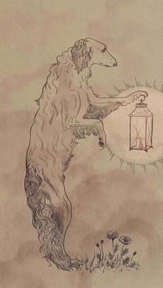 a drawing of a dog with a lantern in its mouth and a birdcage hanging from it's back