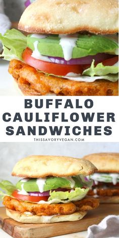 this buffalo cauliflower sandwich is loaded with chicken, lettuce and tomatoes