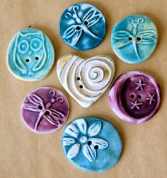 7 Handmade Ceramic Buttons - Eclectic Assortment - Heart Button, Daisy Button… Clay Pottery, Ceramic Bead Jewelry