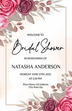 a wedding shower with pink roses and greenery on the front, in an elegant frame