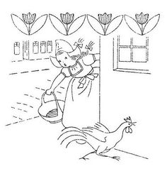 a drawing of a woman holding a baby in her arms, and a chicken standing next to her