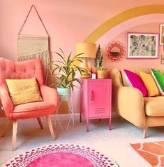 a living room filled with lots of furniture and colorful accessories on top of carpeted flooring