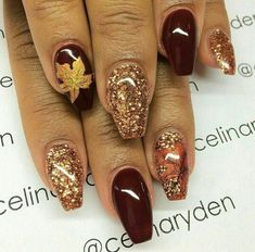 35+ Leaf Nails Art Ideas for your Fall – OSTTY Glitter, Fall Acrylic Nails, Thanksgiving Nail Designs, Thanksgiving Nail Art