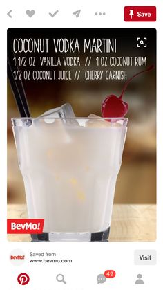 an advertisement for coconut vodka with a cherry on the top