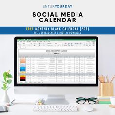 a desktop computer sitting on top of a desk next to a keyboard and monitor with the words weekly social media content calendar v2