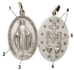 an image of the immaculate mary medal with its names and symbols on it's side