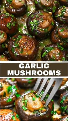 two pictures side by side one with mushrooms and the other with green garnish