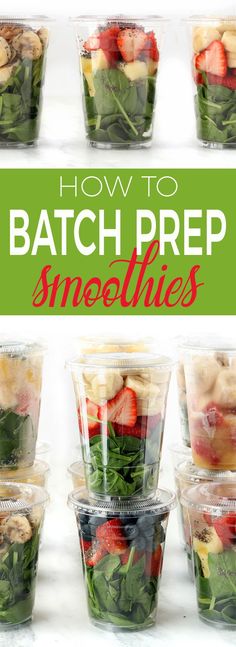 how to batch prep smoothies in plastic cups with strawberries and spinach leaves
