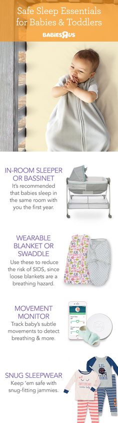Want to rest easy while baby sleeps? It’s possible! It’s recommended that babies sleep in the parents’ room for up to 1 year in a bassinet or infant sleeper. Loose blankets are a no-no, so keep your bundle of joy secure in a wearable blanket or swaddle. Make sure she’s breathing normally with a movement monitor, for extra peace of mind. And as your little nugget grows, keep her cozy & safe with snug-fitting sleepwear. Parents, Baby Sleepers, Baby Fever, Baby Toddler, Parents Room, Swaddle, Snug