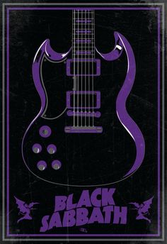 a black and purple guitar with the words black sabath on it's back