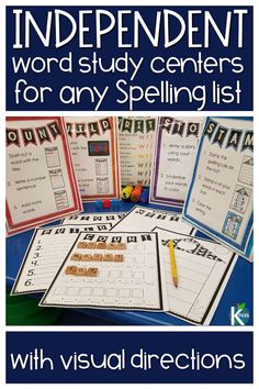 the independent word study centers for any spelling list with visual directions and pictures on it