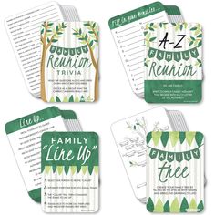 four green and white cards with the words family life tree