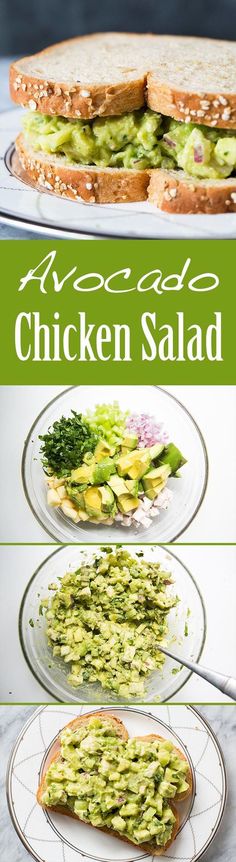 chicken salad with avocado and lettuce on toasted bread is an easy lunch recipe