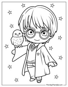 the character harry potter with an owl on his hand and stars in the sky behind him
