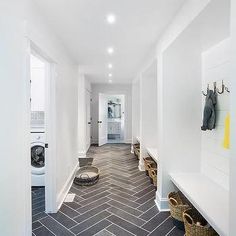 Extra Long Mudroom Design with Slate Tiles Entryway Flooring, Bathrooms Remodel, Slate Tiles, White Shiplap, Flooring