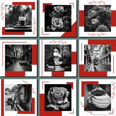 black and white photos with red accents are arranged in the shape of square frames,