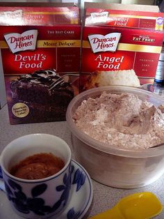 3-2-1 cake - Just take 1 box of Angel Food Cake Mix and 1 box of any flavor other cake mix. Put both dry cake mixes in a gallon bag and shake it up. When you're ready for a coffee mug cake, take 3 tablespoons of the mix, 2 tablespoons of water, stir well and microwave for 1 minute...