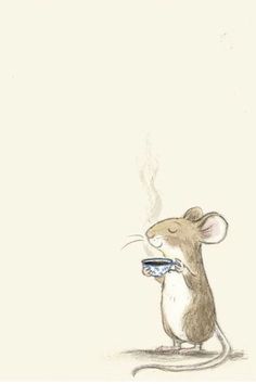 a drawing of a mouse holding a cup of coffee