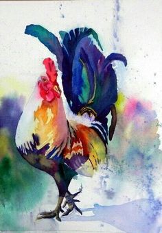 a watercolor painting of a rooster standing on its hind legs
