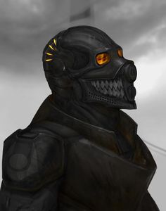 a man in a black suit with yellow eyes and an alien like helmet, standing under a cloudy sky