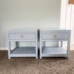 two nightstands side by side on carpeted floor